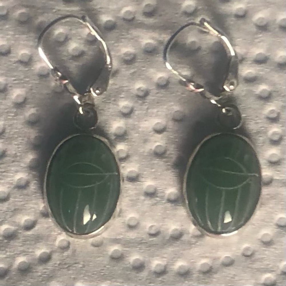 Vintage earrings carved green stone scarab set in sterling silver